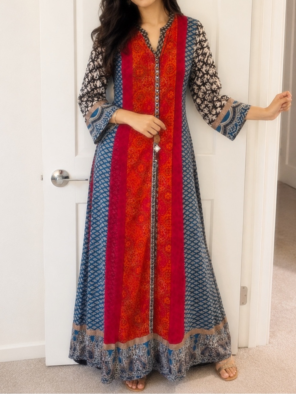 Indian/ Pakistani Printed V-Neck Maxi Dress in Red and Blue